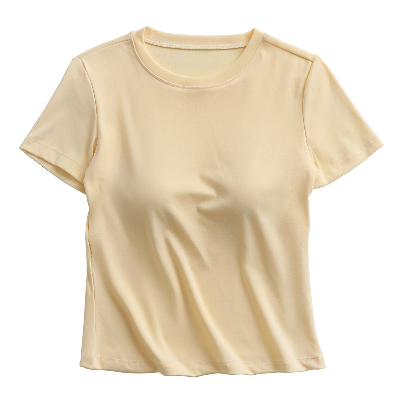 Short-Sleeved T-Shirt with Chest Pad Women's Summer Wear-Free Bra One-piece Tencel Lyocell Outer Wearing Round Neck Base Top