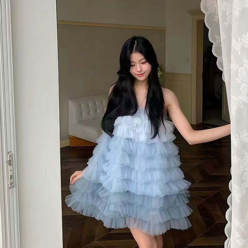 Vacation Style Mesh Splicing Suspender Dress for Women 2025 Spring and Summer New Style Slimming Look and Chic Cake Skirt Trendy