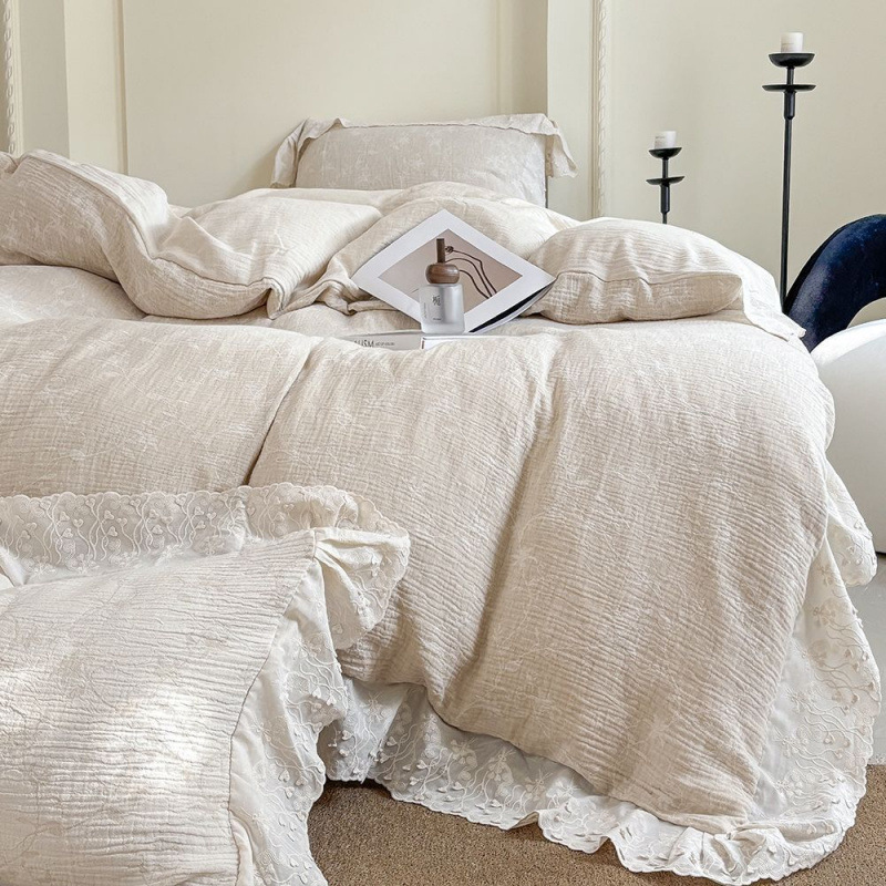 French Elegant Quilt Cover Lily of the Valley Bed Bed Sheets Lace Four-Piece Set Class a Rustic B&B Quilt Cover Cotton and Linen Song