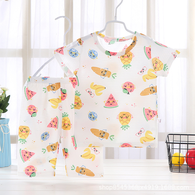 Children's Short Sleeve Suit Cotton Slub Cotton Air-conditioning Suit Home Clothes Pajamas Boys and Girls Half Sleeve