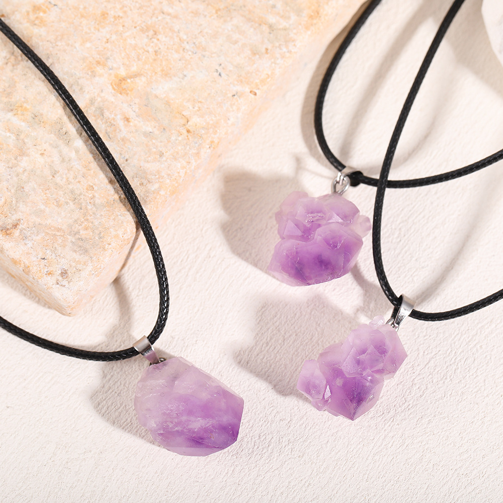 Cross-Border Natural Amethyst Raw Stone Pendant DIY Lavender Asymmetrical Necklace Gravel Pendant Jewelry Wholesale Model