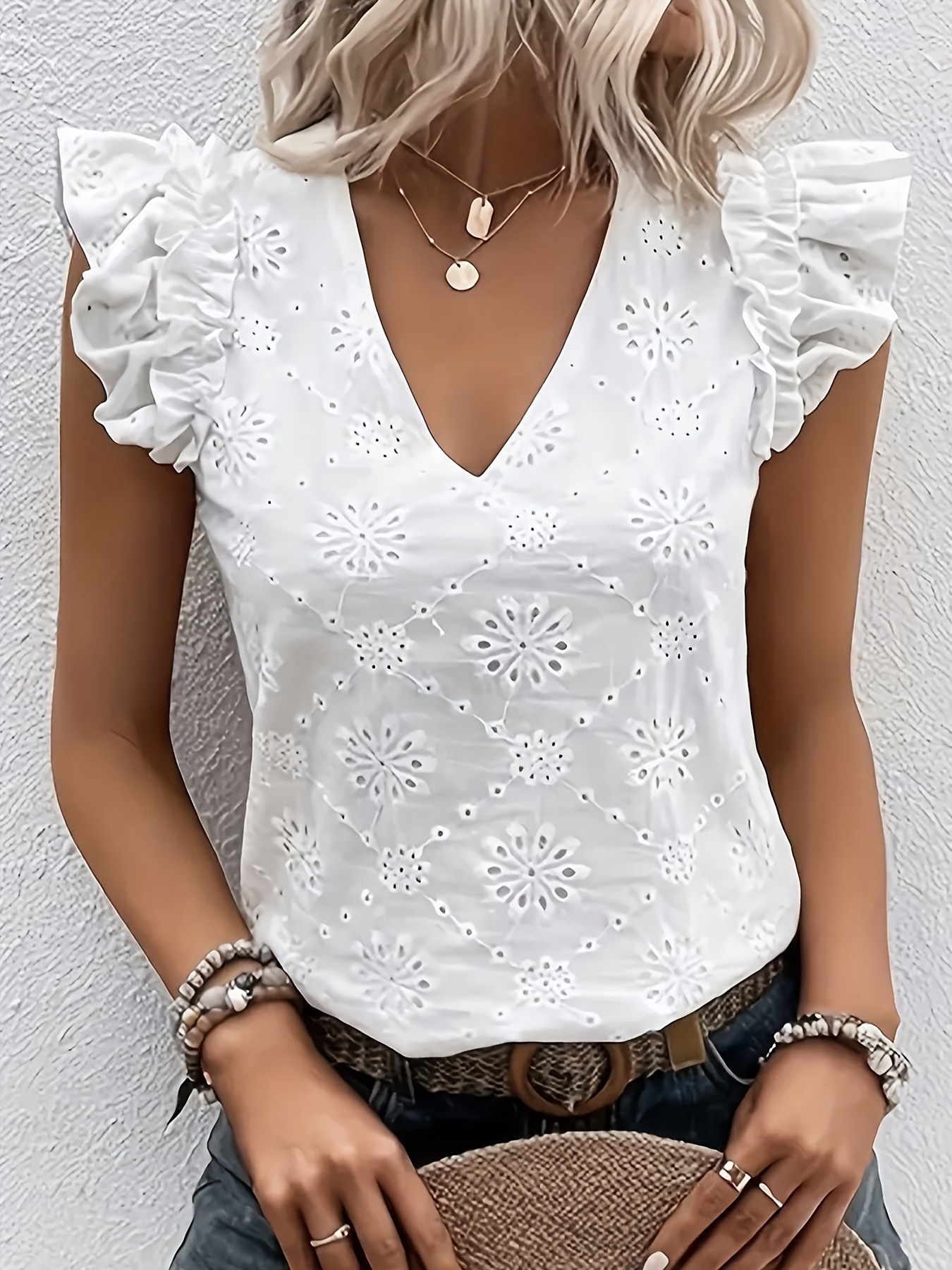 Women's elegant V-neck hollow top with butterfly sleeves and lace detail, 95% stretch polyester