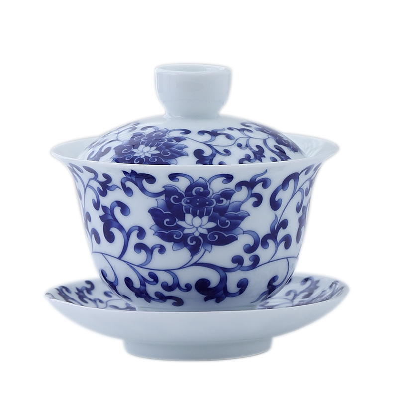 Dehua Blue and White Porcelain Ceramic Covered Bowl Household Kung Fu Sancai Tea Bowl Single Tea Bowl Tea Cup Manufacturer Wholesale