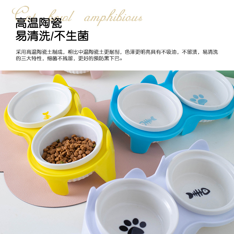 Cat Bowl Ceramic Double Bowl Water Bowl Protection Cervical Spine High Foot Oblique Cat Food Bowl Drinking Bowl Pet Bowl Pet Supplies