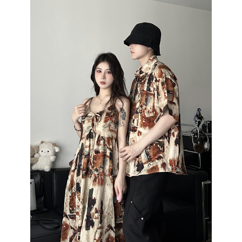2024 Summer Couple Dress Simi Dyed Seaside Holiday Style Beach Wear Retro Suspender Dress One Dress One Dress