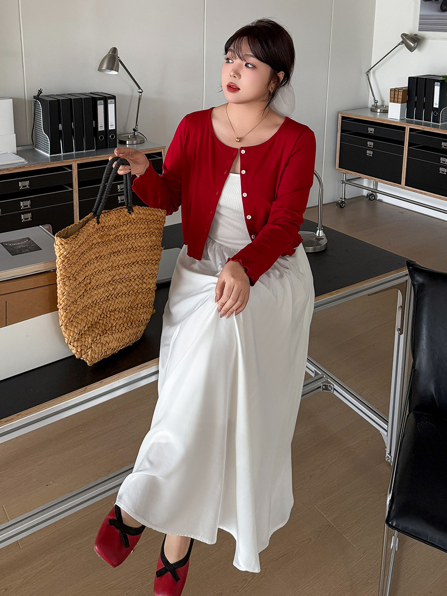 Eno Plus Size Women's Cardigan Suspender Skirt Suit 2025 Autum New Sweet White Moonlight Two-Piece Set 132128