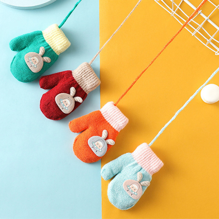 Winter Thickened fleece-lined Children's Men's and Women's Gloves Cartoon Cute Cold-proof Warm Finger Bag Baby Kindergarten with Rope