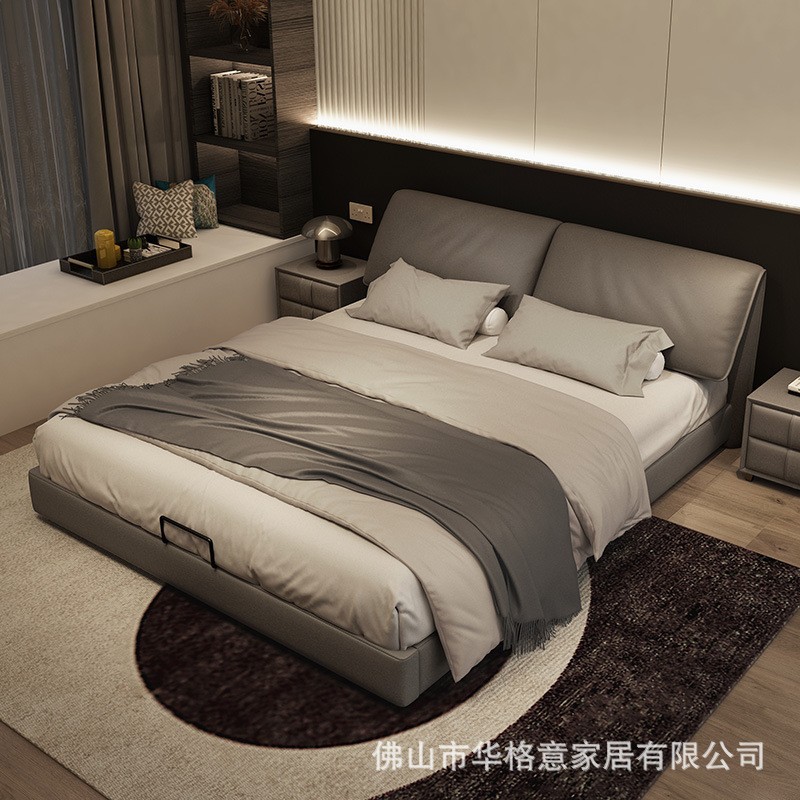 Elephant Ear Genuine Leather Bed, Italian Minimalist Style, Master Bedroom, Guangdong Foshan Furniture, Top-Grain Cowhide Storage Bed with High Box