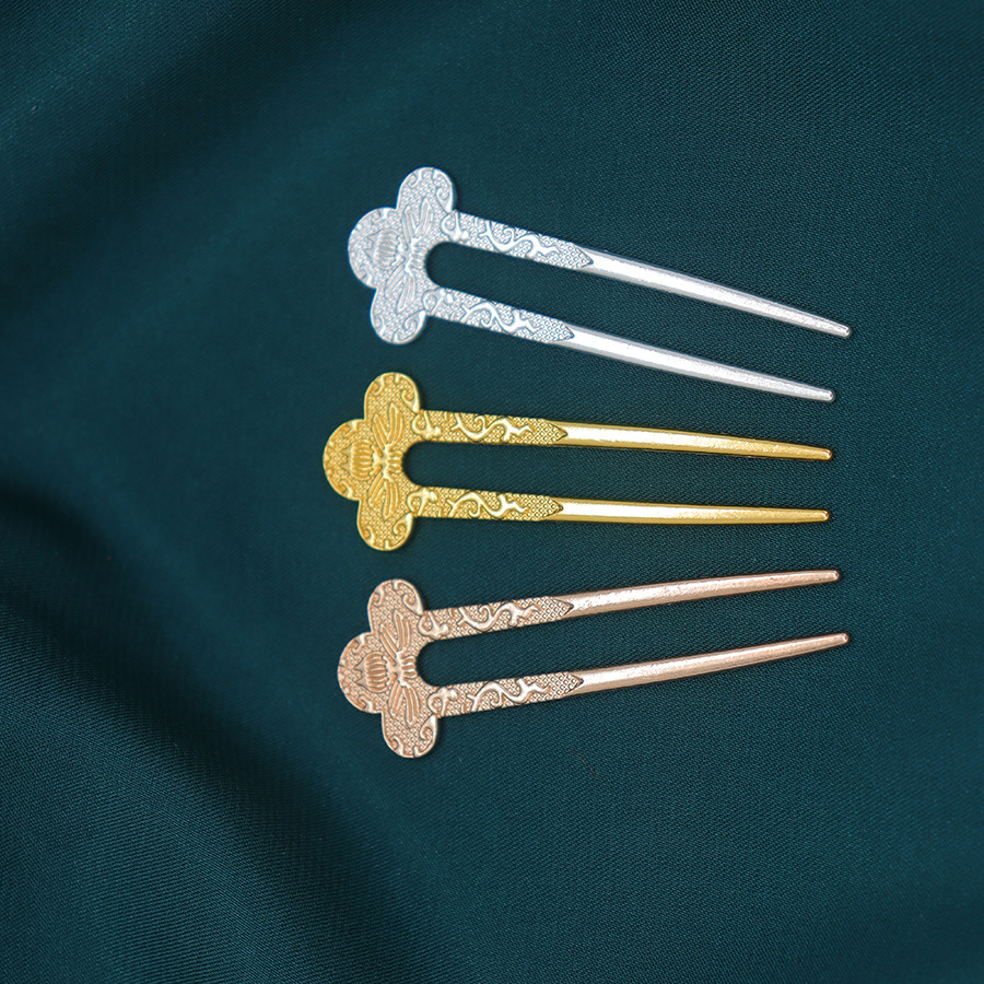 Alloy electrophoresis color-preserving mini double-sided semi-embossed bee cloud small U hairpin ancient style hanfu cheongsam step shake accessories
