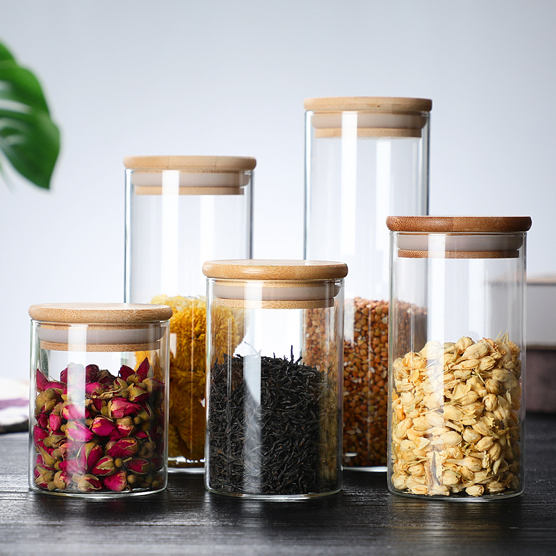 Bamboo Wood Lid Glass Tea Storage Tank Kitchen Seasoning Sealed Tank Household Transparent Glass Coarse Grain Storage Tank