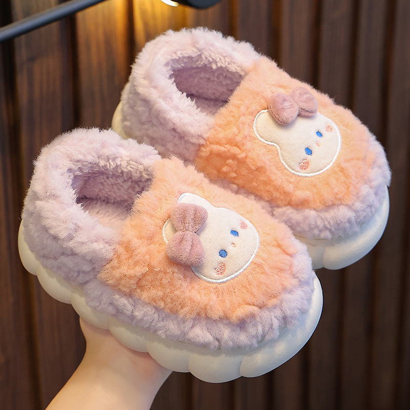 Детские хлопковые тапочки с зимней подошвой для мальчиков и девочек, нескользящие плюшевые тапочки для дома, милые мультяшные родительско-детские тапочки