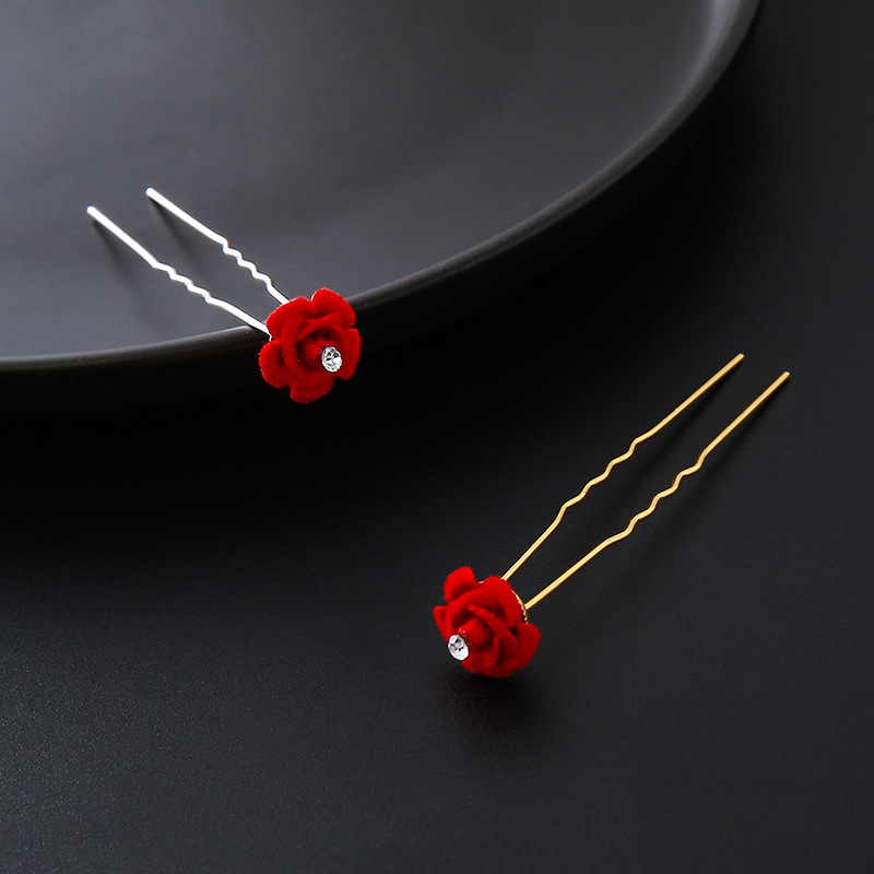 Burgundy Rose Bud Versatile U-Shaped Hair Fork Ball Headband Flower Bride Chinese Dress Style Hairpin