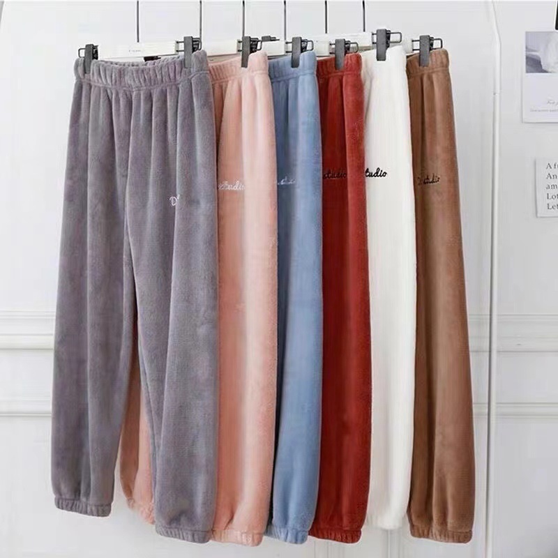 Warm coral fleece home couples casual lazy pajamas warm pants outer wear thick loose nine-point pajamas wholesale