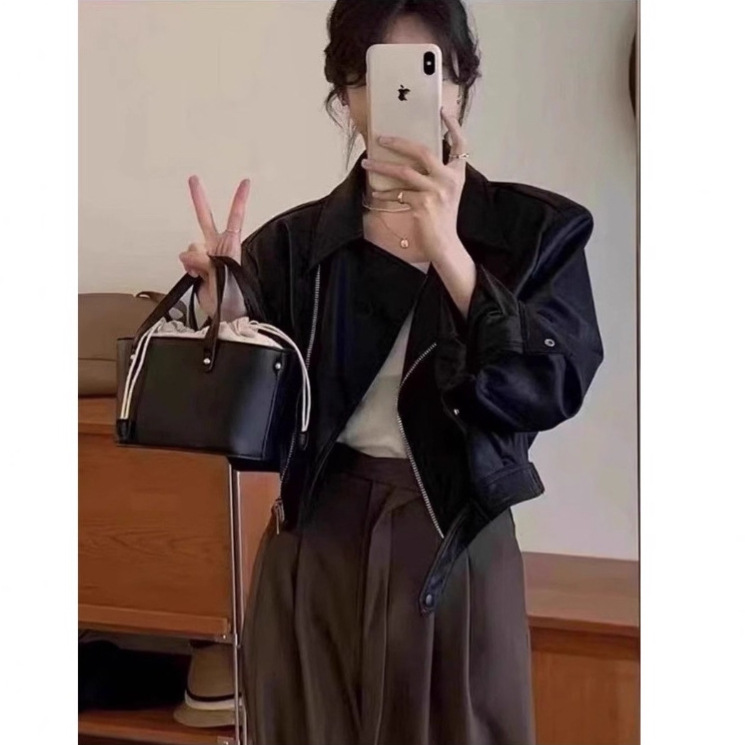 brown PU Leather Coat Women's Short 2025 Spring Loose Petite Retro Hong Kong Style Long Sleeve Biker Jacket Top