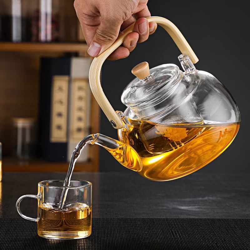 High borosilicate heat-resistant glass bamboo handle square beam pot boiling teapot household filter large capacity glass teapot
