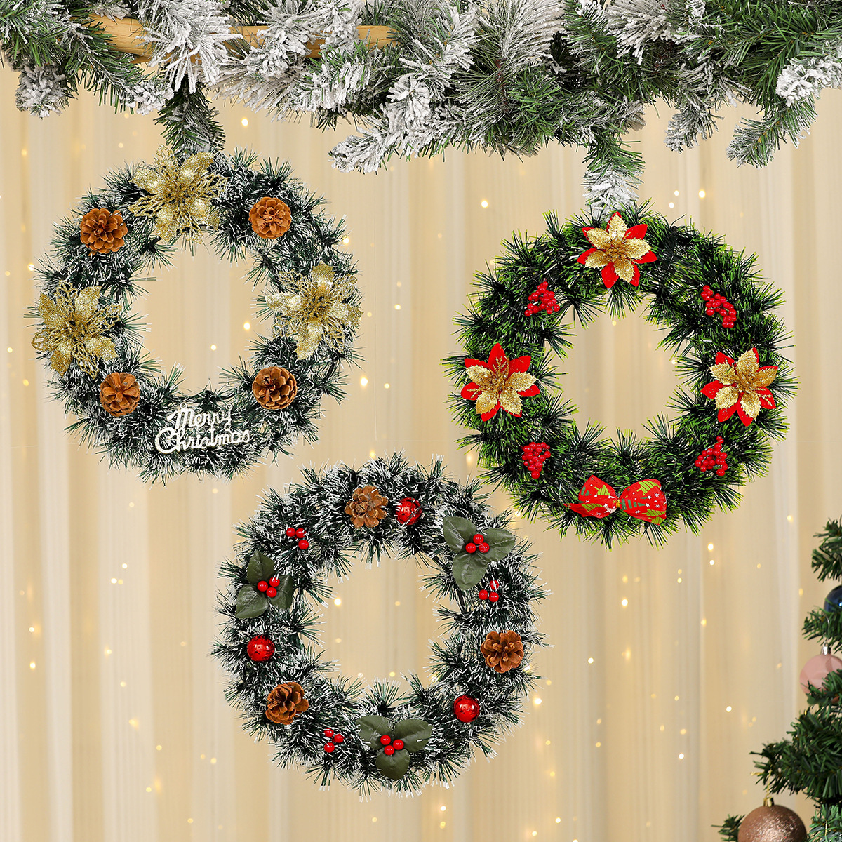 Cross-Border New Christmas Decorations Garland Christmas Garland Hotel Shopping Mall Decorations Door Hanging Pine Needle Ornaments