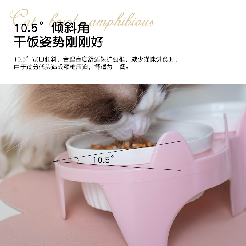 Cat Bowl Ceramic Double Bowl Water Bowl Protection Cervical Spine High Foot Oblique Cat Food Bowl Drinking Bowl Pet Bowl Pet Supplies
