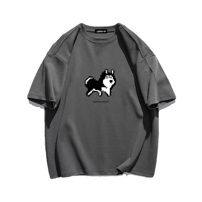 Heavy Cotton Simple Cartoon Pixel Husky T-shirt Short-sleeved Couple's Ins Summer Casual Loose Top for Men