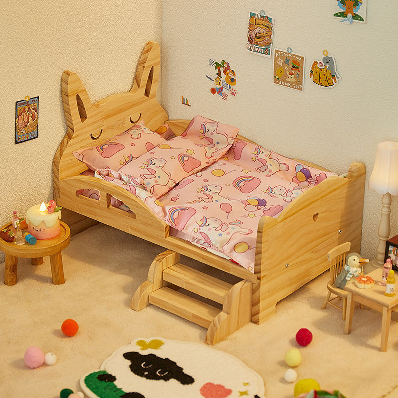 New Cotton Doll Bed 20cm Doll Bedding Three-Piece Set Bjd Solid Wood Doll House Bed