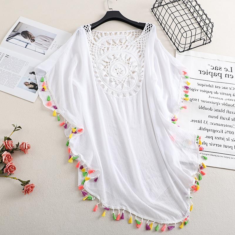 Cross-border new sexy off-the-shoulder hollow-out loose plus size tassel bikini ins style outdoor beach blouse top