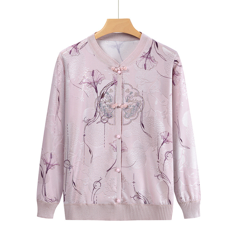 Middle-Aged and Elderly Mothers' Spring & Fall Jacquard Knitted Long-Sleeved Cardigan Chinese Style Buttoned Grandma's Loose Outer Top