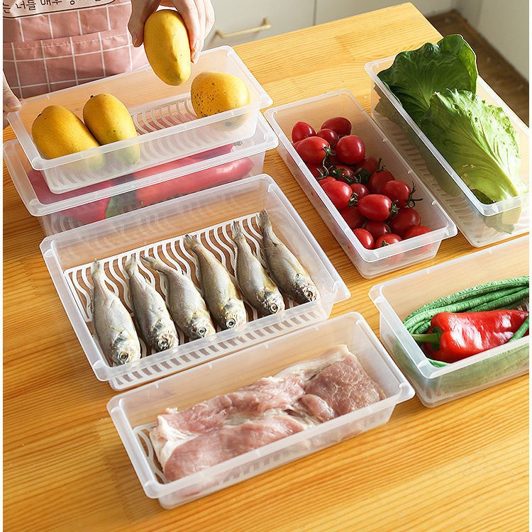 Refrigerator Frozen Fish Drain Box Kitchen Classification Storage Box Plastic Rectangular Refrigerated Storage Box with Lid