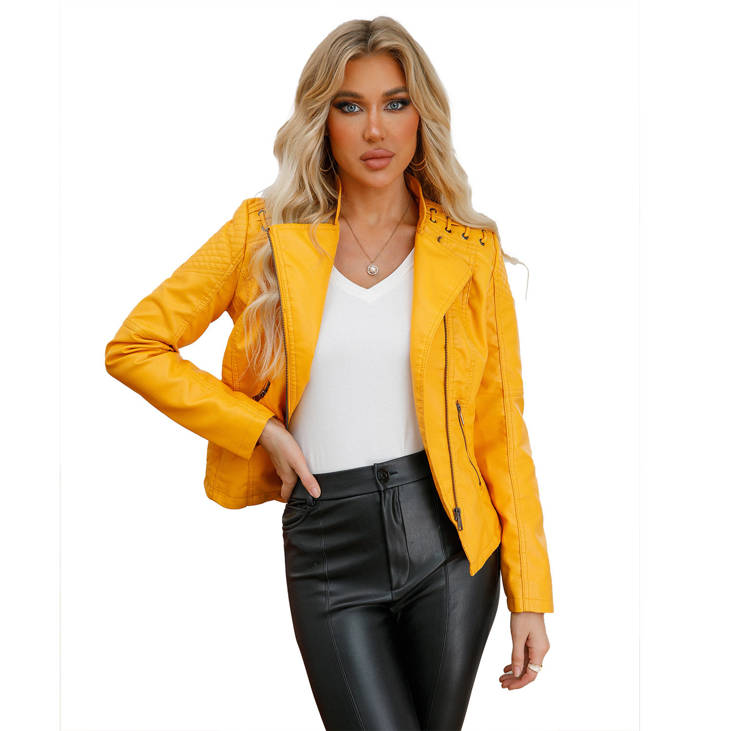 2023 Cross-Border European Size New Spring and Autumn Women's Leather Jacket Women's Short Jacket Slim Thin Leather Jacket Women's Motorcycle Wear