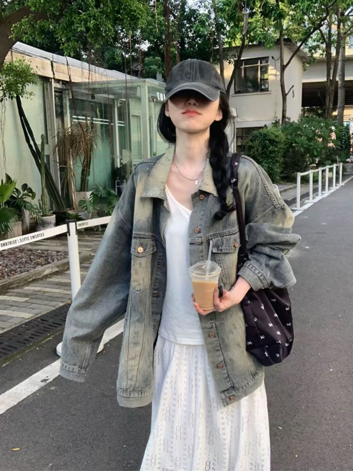 High Street American Style Vintage Washed Old Denim Coat Women's Spring and Autumn Loose oversize Mid-length Jacket Top