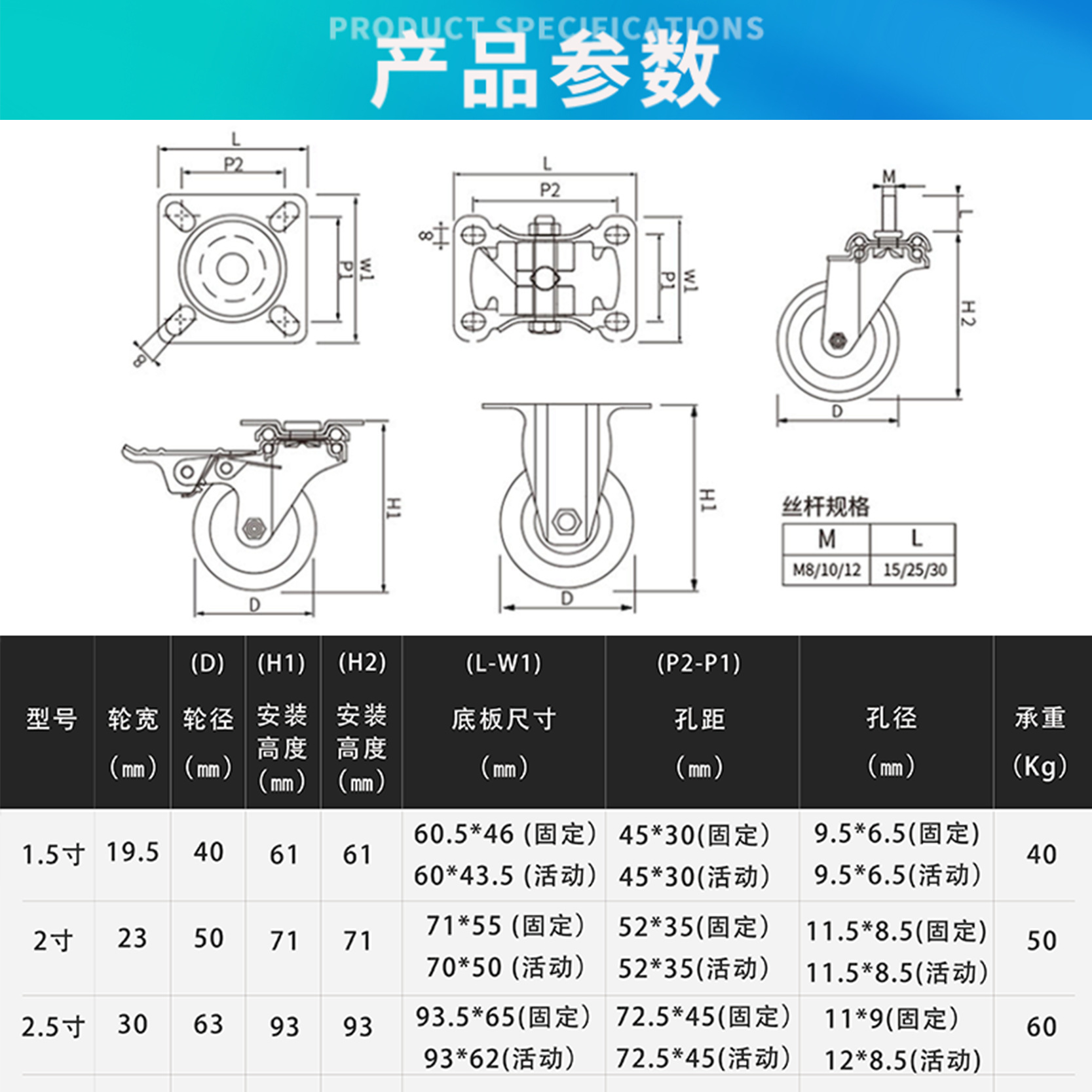 Factory direct industrial casters 1.5 inch 2 inch mute shelf wheel universal wheel furniture roller directional wheel