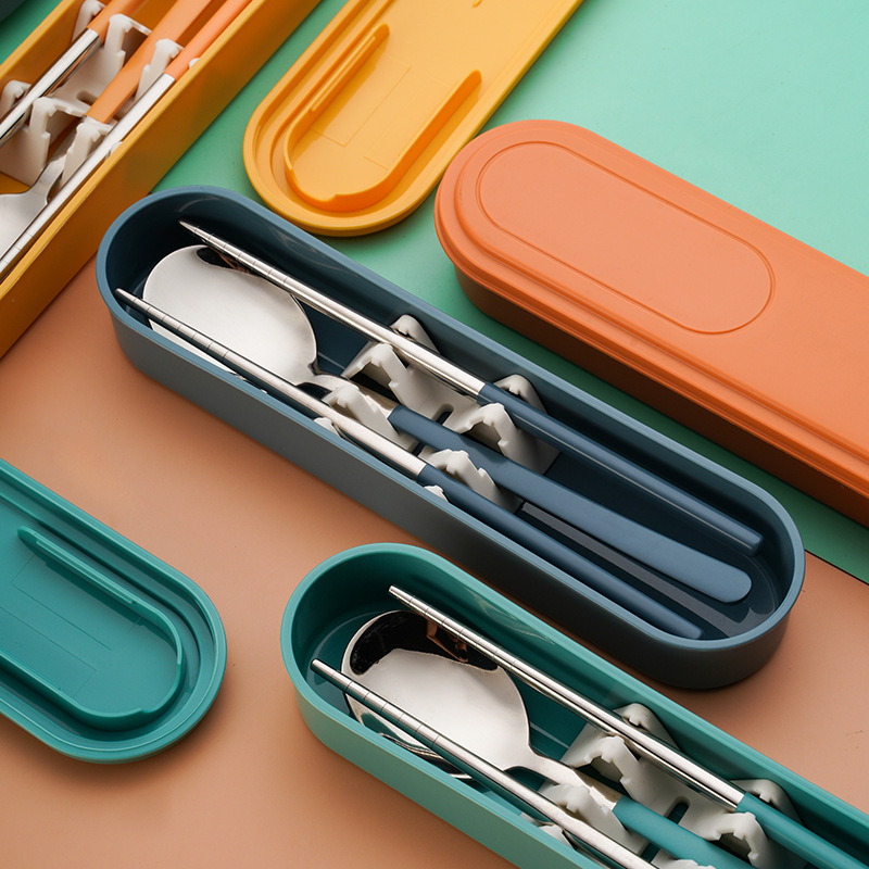 Cross-Border 304 Stainless Steel Portable Tableware Fork Spoon Chopsticks Set Korean Student Outdoor Tableware Three-Piece Set