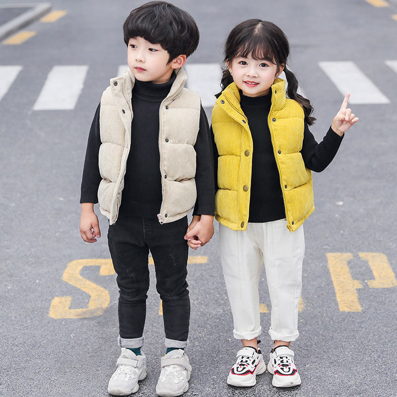 Children's Cotton Vest Autumn and Winter New Kidsren's Clothing Pure Color Outer Vest for Boys and Girls Corduroy Stand-Up Collar Vest