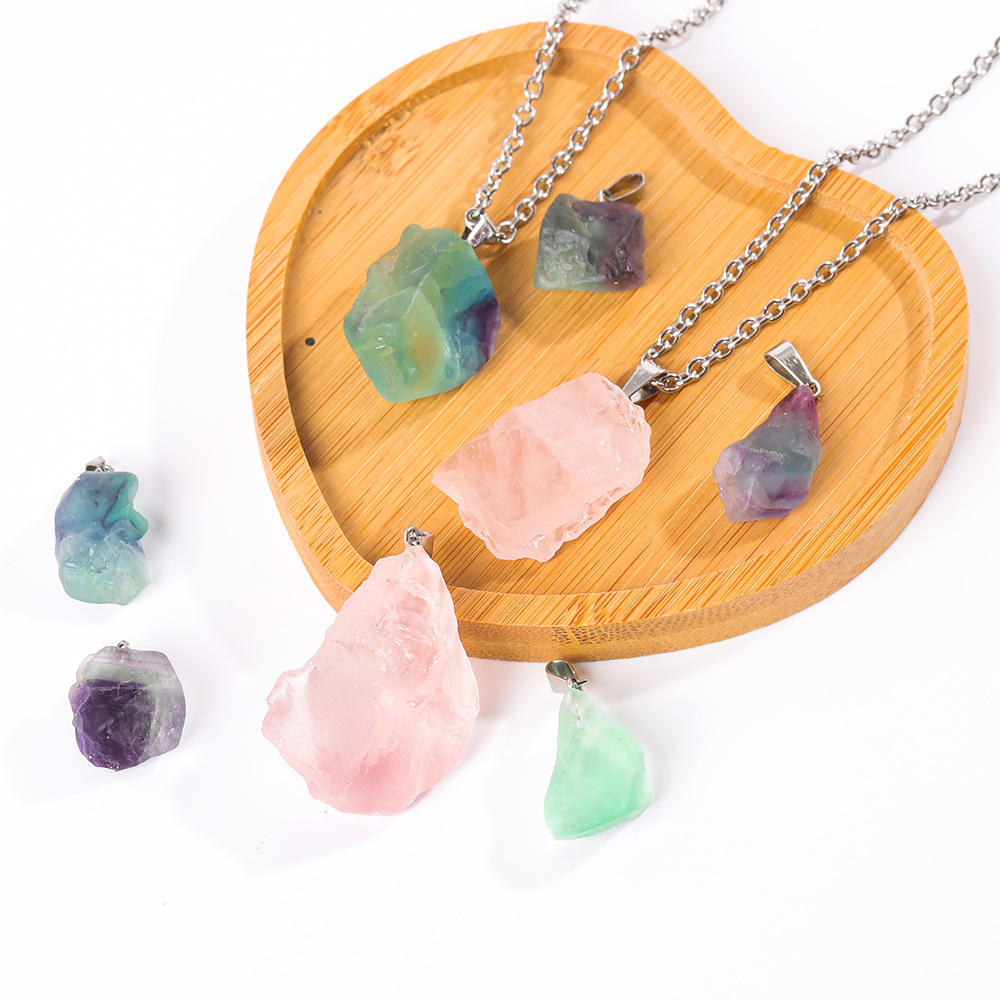 Natural Asymmetrical Crystal Raw Stone Gravel Pendant European and American DIY Jewelry Rose Quartz Necklace Crystal Pendant Wholesale