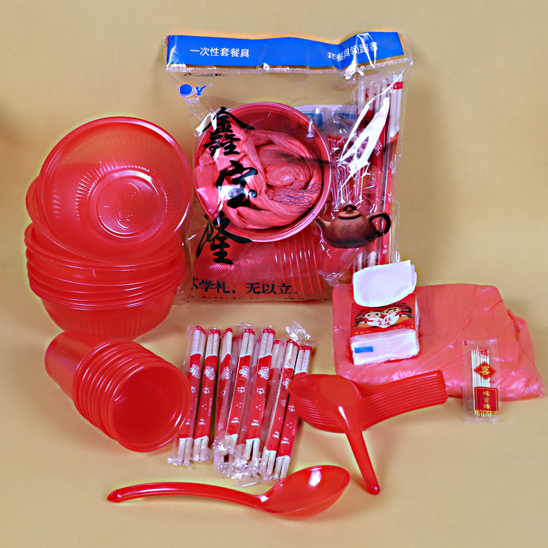 Disposable Tableware Set for Wedding, Household Environmentally Friendly Festive Wedding Banquet 8-Piece Set of Red Food-Grade Tableware