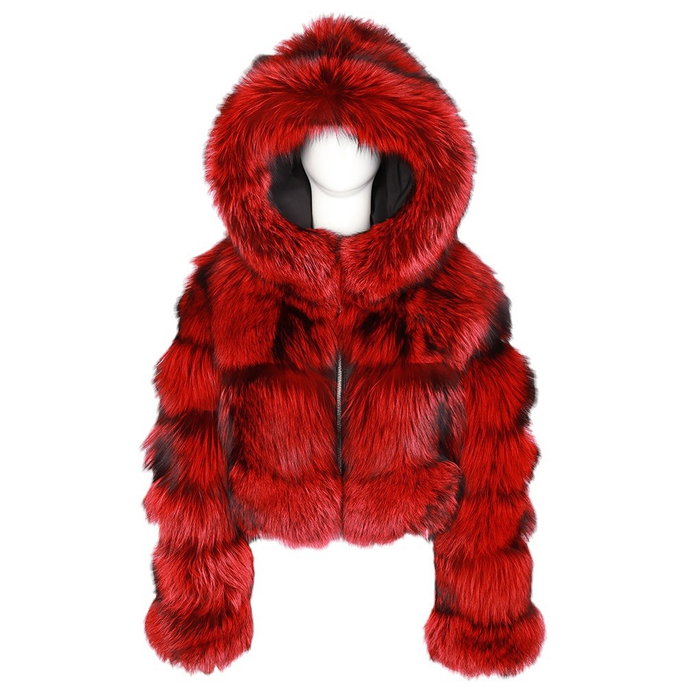 Cross-border European and American fur coat short hooded imitation fur coat imitation fox fur long sleeve stitching women's coat spot