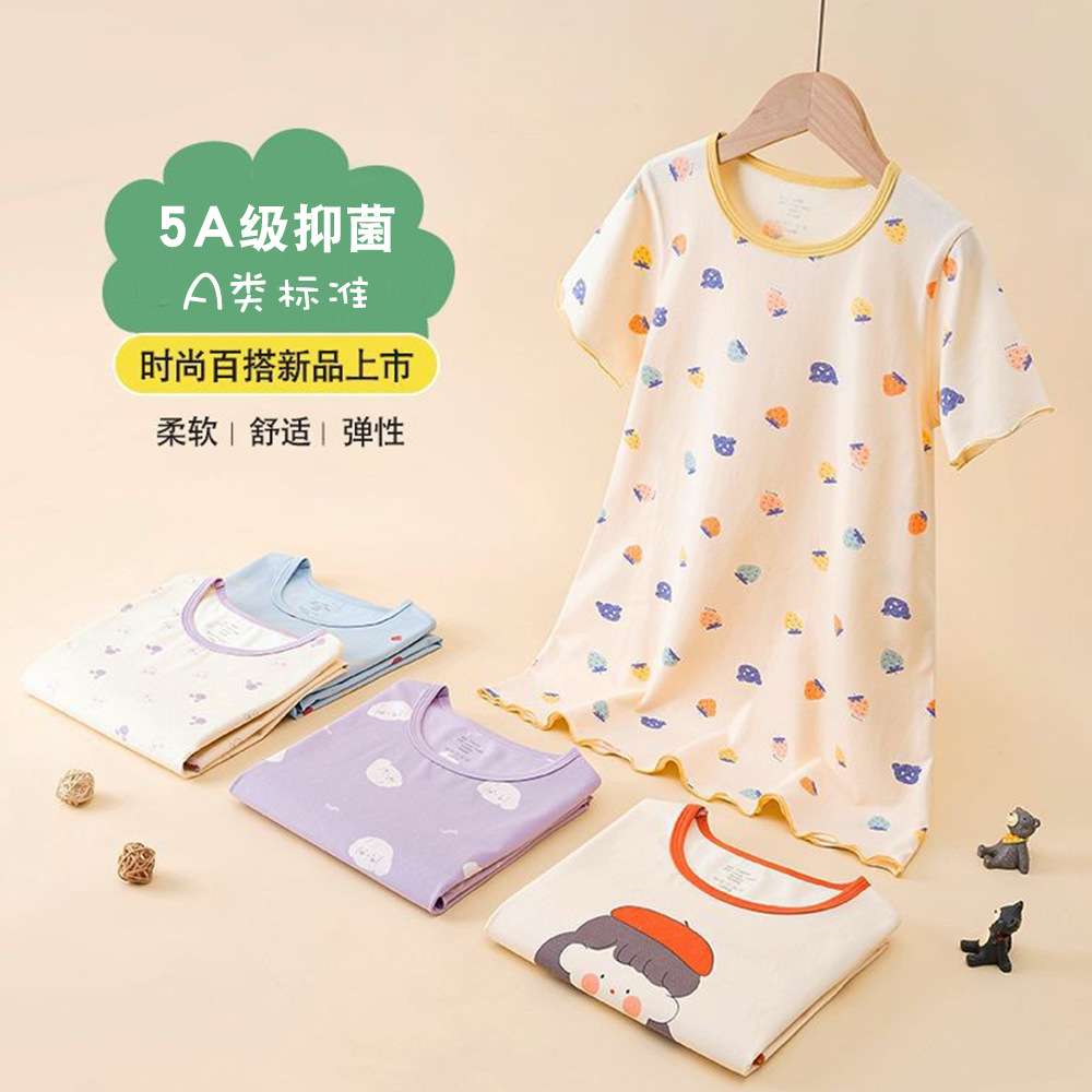 Summer Thin Nightgown Class a Pure Cotton Girls Dress Short-Sleeved Kidsren's Middle and Large Kidsren Baby Girl's Nightgown Wholesale