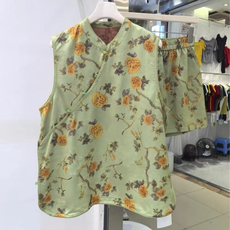 Chinese-Style New Chinese Branch Floral Soft Vest Dress Jacquard Fashion Button-Up Shirt Cheongsam Imitation Silk Fragrant Cloud