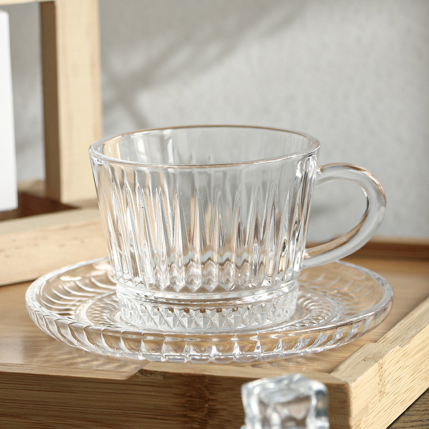 Red Tea Cup Coffee Glass Set Six Cups Six Saucers Cross-Border Vertical Pattern Relief Pattern Coffee Cup Black Tea Cup