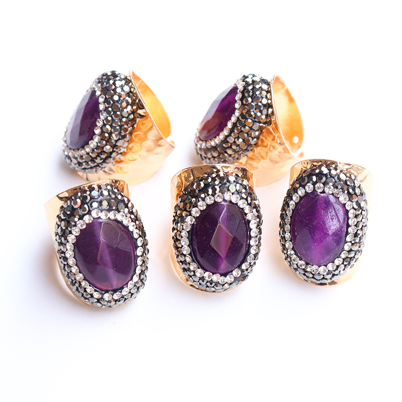 Natural Amethyst Cut Ring Original Stone Crystal Handmade Miniature Inlaid Rhinestone DIY Jewelry Ring Cross-border Europe and America