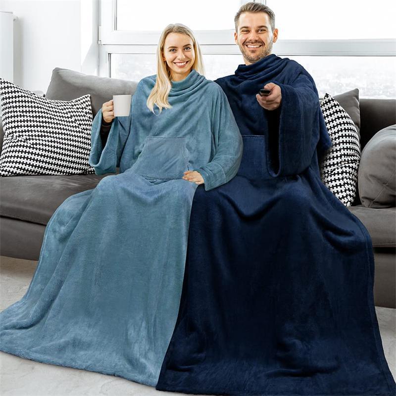 Cross-Border Amazon Tv Tv Blanket Large Flap Pocket Pants Multi-Functional Wearable Lazy Sleeve Blanket Antistatic Flannel Blanket