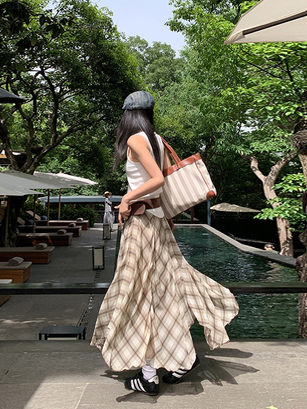 [Yunheyu] Irregular Plaid Skirt for Women 2025 Summer New Retro Versatile Skirt A-Line Long Skirt