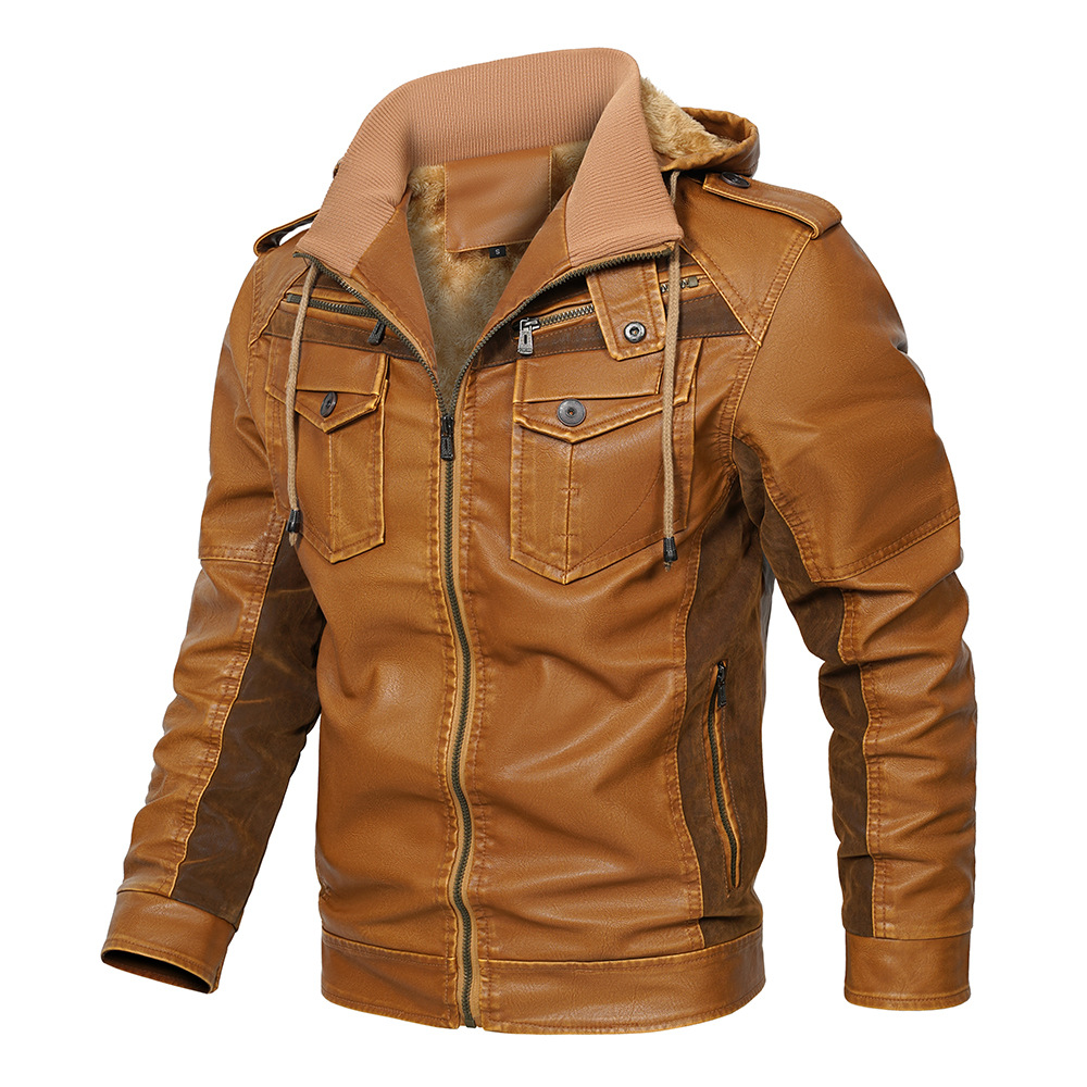 Europe and the United States cross-border hooded PU leather jacket Amazon independent station leather men's winter New velvet coat European size