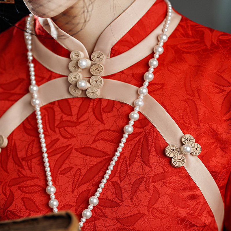 Summer 2023 New Double-sided Jacquard Satin Cheongsam Dress Three-sleeved Long Modified Side Eight-button Double-layer Cheongsam