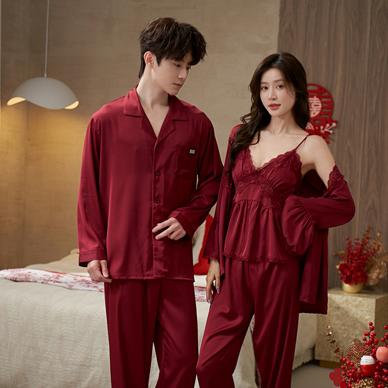 Pajamas Couple's Wedding Newlywed Red Men and Women's Ice Silk Sling Nightgown Morning Gown Long Sleeve Life Year Silk suit