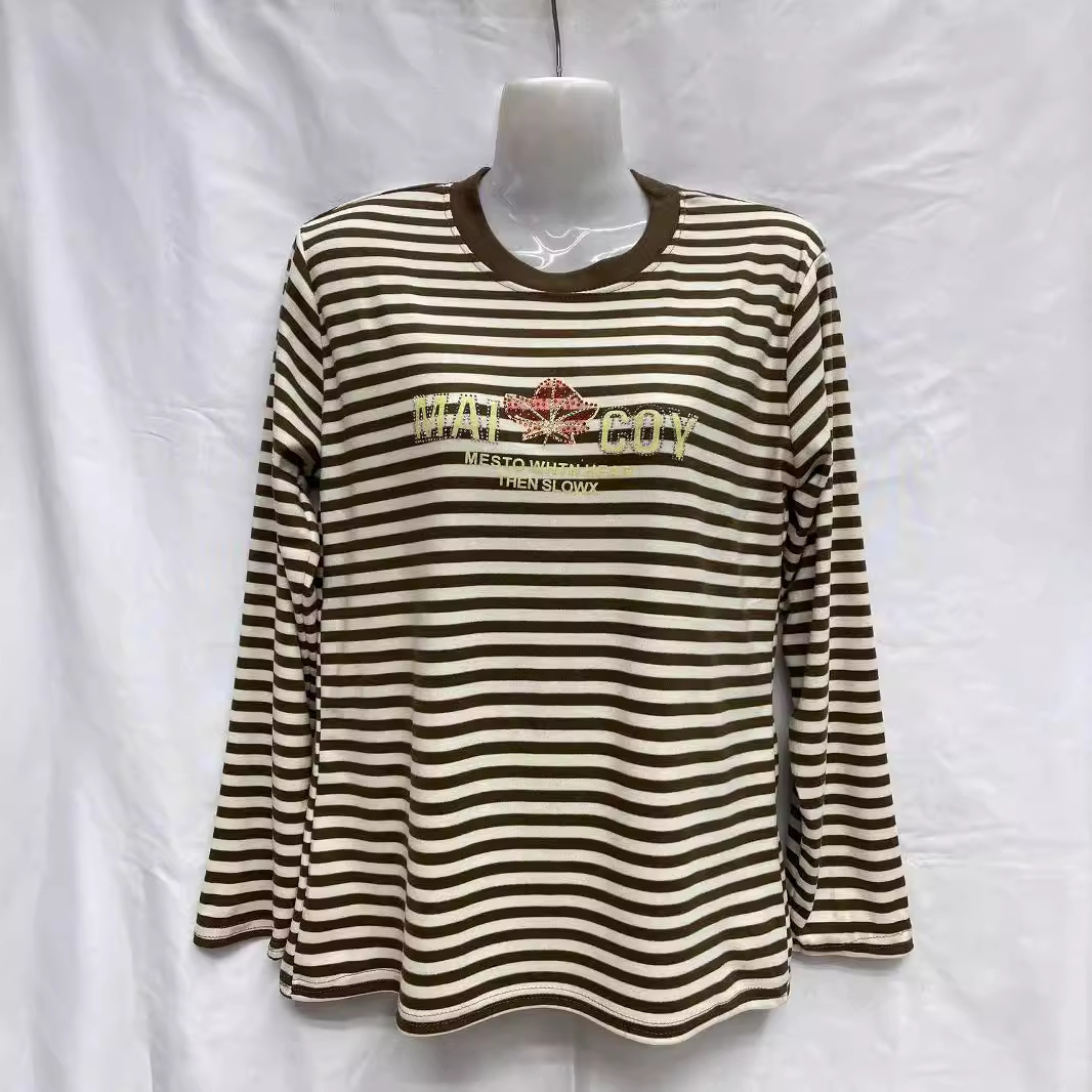 Women's Autumn Thin Stripe Tops Middle-Aged Women's Striped Round Neck Bottoming Shirts Autumn Long Sleeve T-Shirts