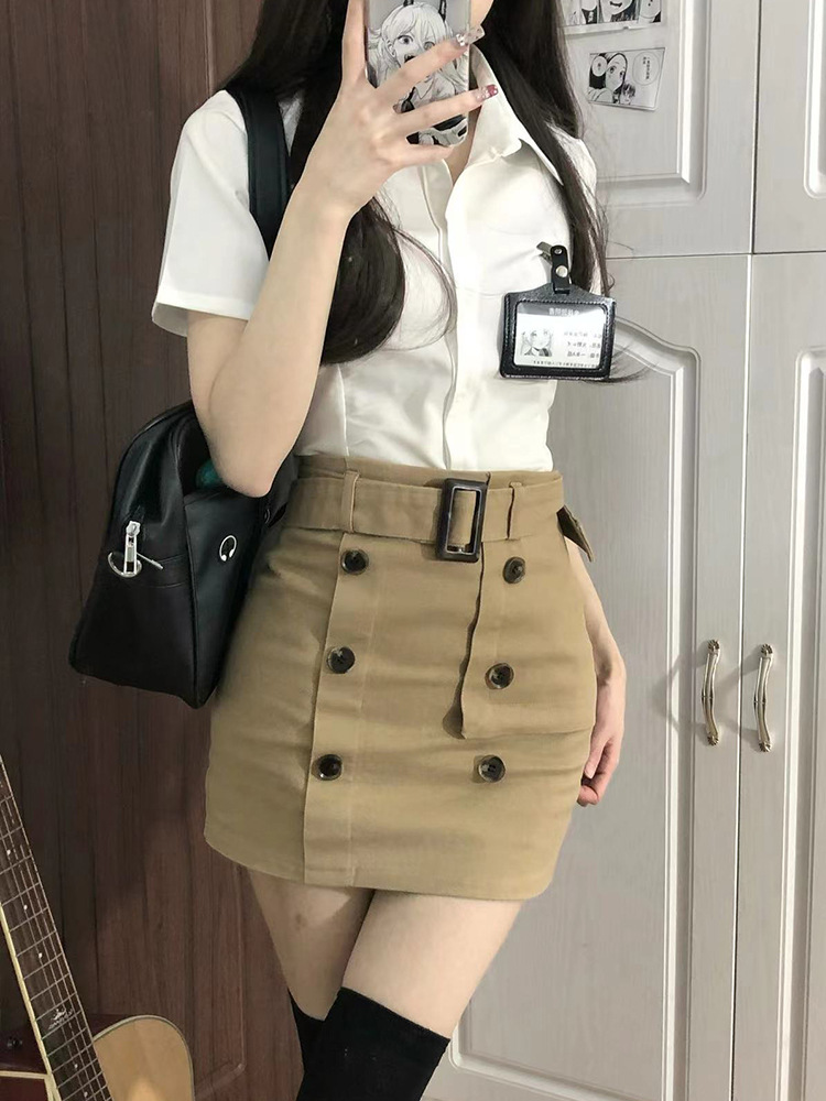 2024 Summer New Spice Girls Pure Want JK Waisted White Shirt Women's Design Sense Button Half-length Hip Skirt Set