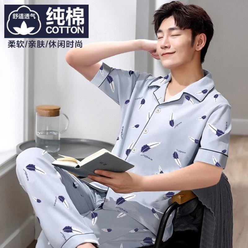 Мужские пижамы из чистого хлопка, короткий рукав, длинные брюки, легкий стиль, большой размер