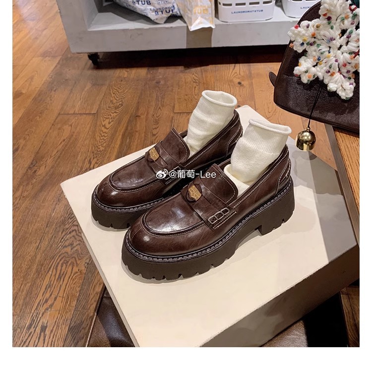 Grape Mom Same Spring and Autumn New Horse Leather Gold Coin British-style Round-head Slip-on Lazy Thick-soled LeFou Leather Shoes