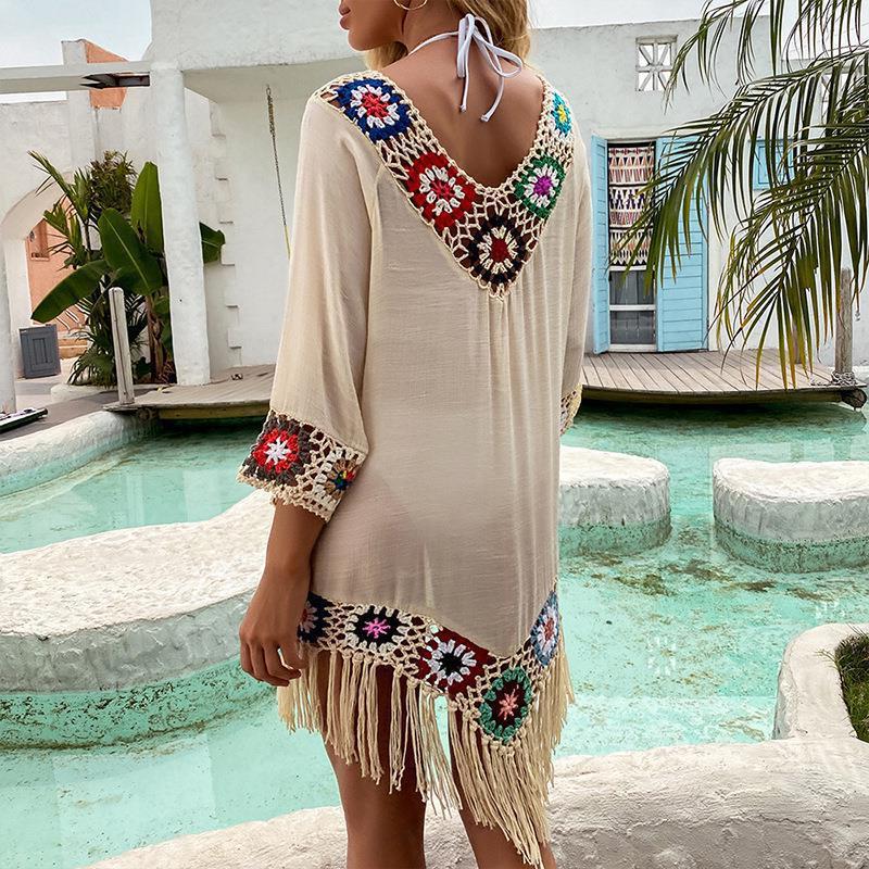 2023 Amazon cross-border European and American foreign trade spring and summer women's beach crochet beach blouse long beach clothes