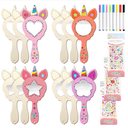 Cross-border Small Mirror Makeup Mirror Wooden White Billet DIY Pearl Snow Mud Color-painted Unicorn Mirror suit