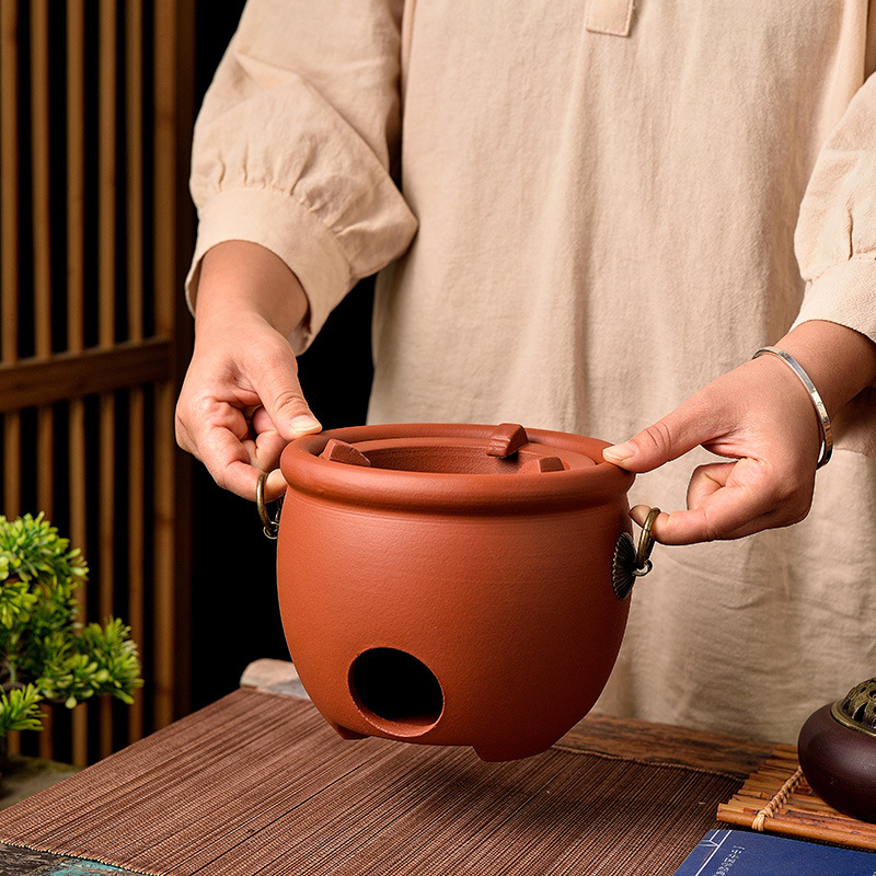 Chinese-style Heat-resistant Chaoshan Red Mud Purple Sand Carbon Stove Sand Pot Encircled Furnace Boiling Tea Coal Carbon Stove Boiling Water Zhu Mud Pot with Jumping Cover